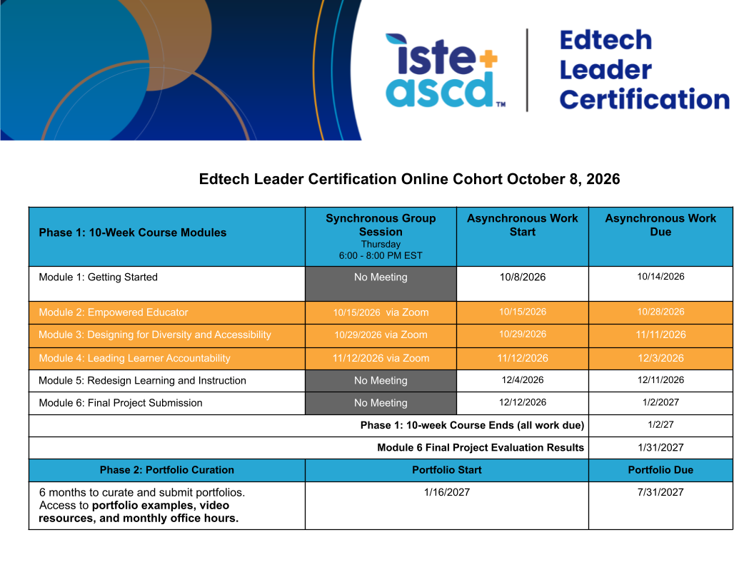 A blue and gold table showing the ISTE/ASCD Edtech Leader Certification schedule for October 2026, including module topics, dates for Zoom sessions, and asynchronous work deadlines. Portfolio work runs until 7/31/2027.