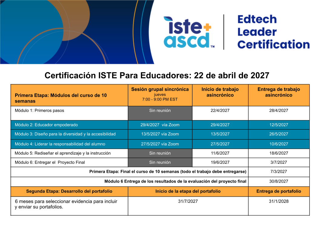 Schedule for an educator certification course showing modules, dates, meeting times via Zoom, and project deadlines, divided into two stages: course modules and portfolio development, with important dates highlighted in color-coded rows.