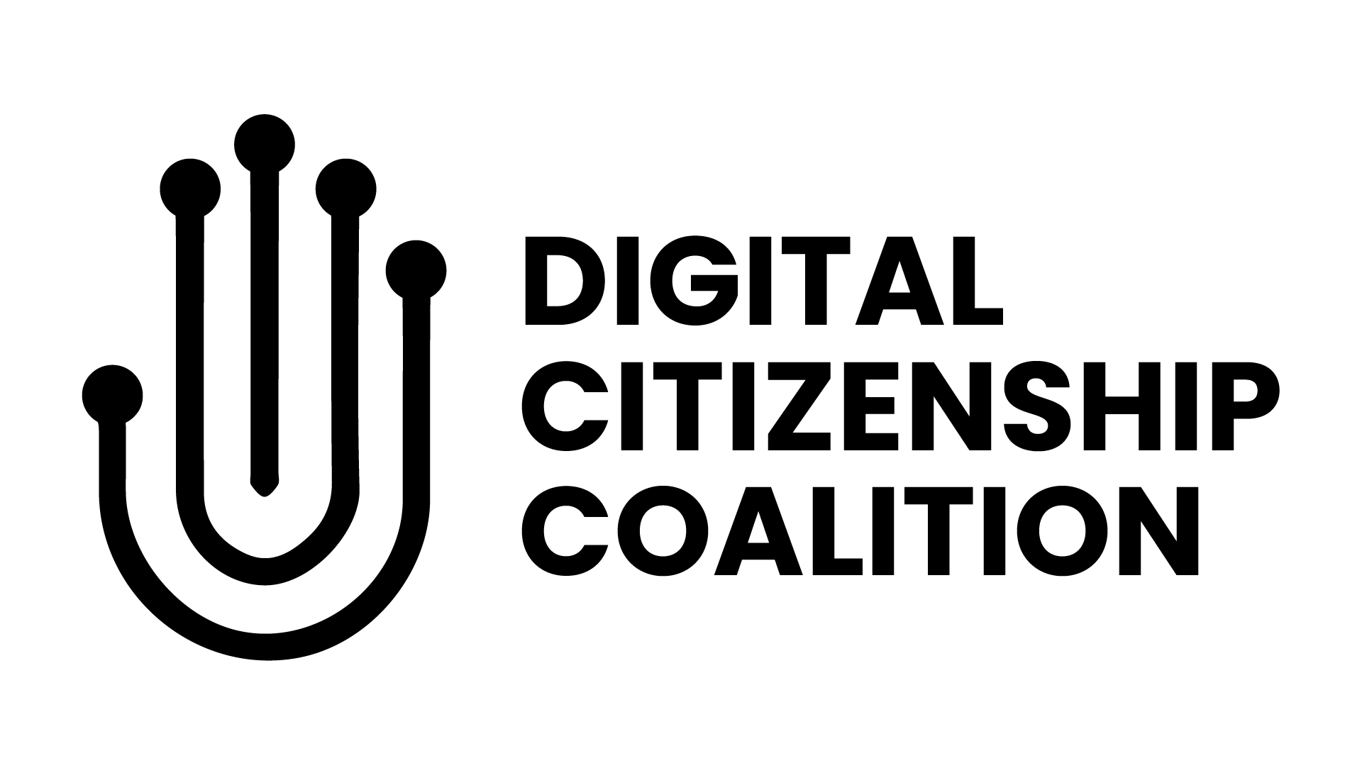 A graphic of a hand with the finger pads as touch points, with the words Digital Citizenship Coalition in black capitalized letters on a transparent background.