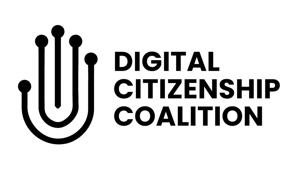 A graphic of a hand with the finger tips as touch points and the words Digital Citizenship Coalition in black capital letters on a white background.