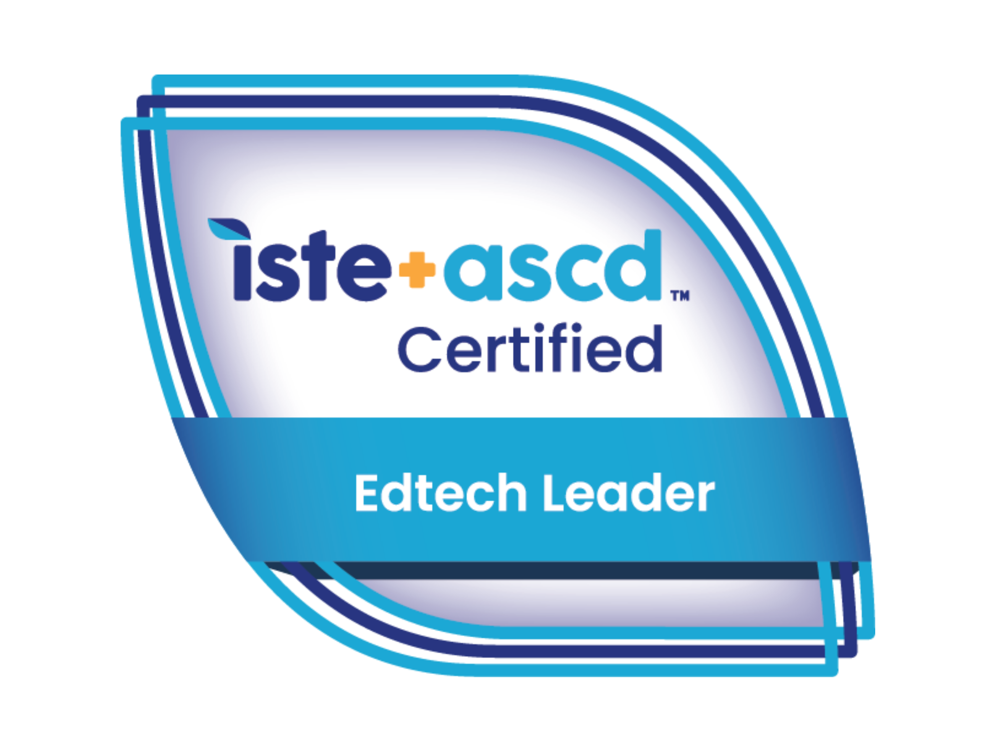 A blue and white badge displays the text iste + ascd Certified above a blue ribbon that reads Edtech Leader. The badge has curved blue borders and a modern design.