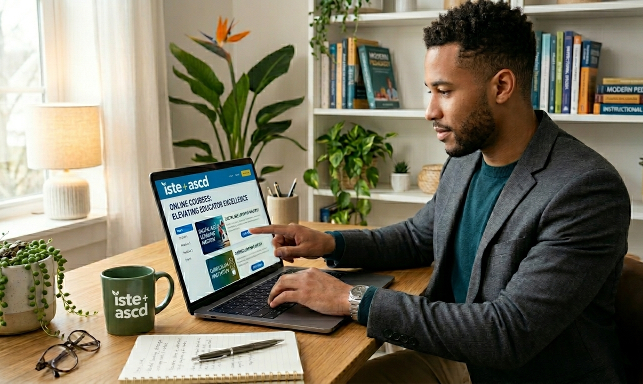 A man sits at a desk with plants and books, using a laptop to browse an online education website. He is pointing at the screen, with a notebook, pen, and a green mug labeled “ISTE ASCD” beside him.