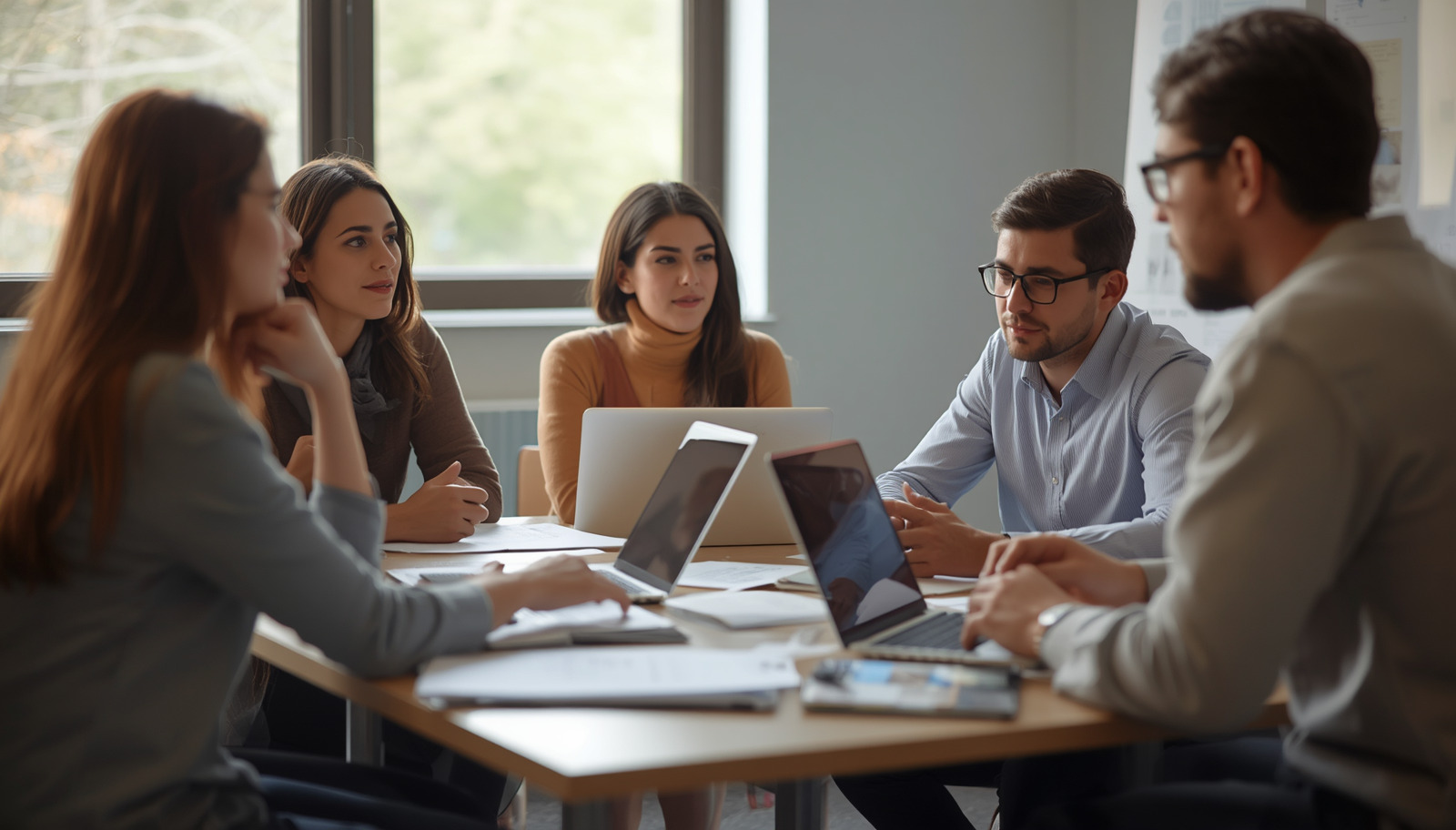 Five people sit around a table in an office, engaged in discussion. Laptops, papers, and notebooks are spread on the table, and natural light comes through large windows in the background.