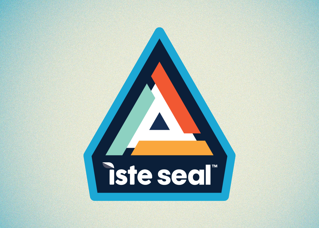 The logo for ISTE Seal, which is a triangle shape composed of the colors light blue, navy, light green, orange, gold and white, with the words ISTE Seal in lower case along the bottom of the triangle.