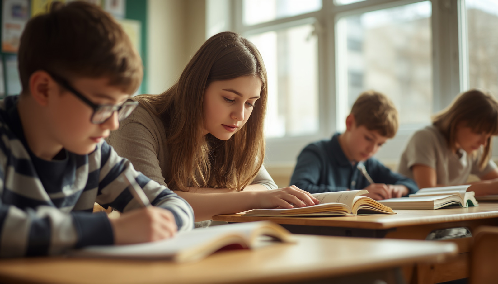 Four students sit at desks in a classroom, focused on reading and writing in their books, with sunlight streaming through large windows in the background.