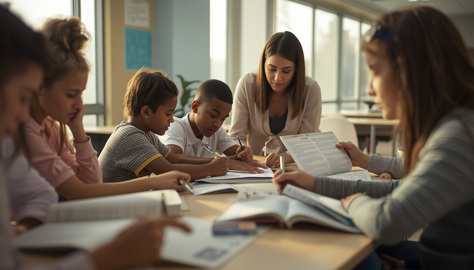 A teacher helps a group of diverse students with their schoolwork at a classroom table, surrounded by open textbooks and notebooks, in a brightly lit, modern classroom.