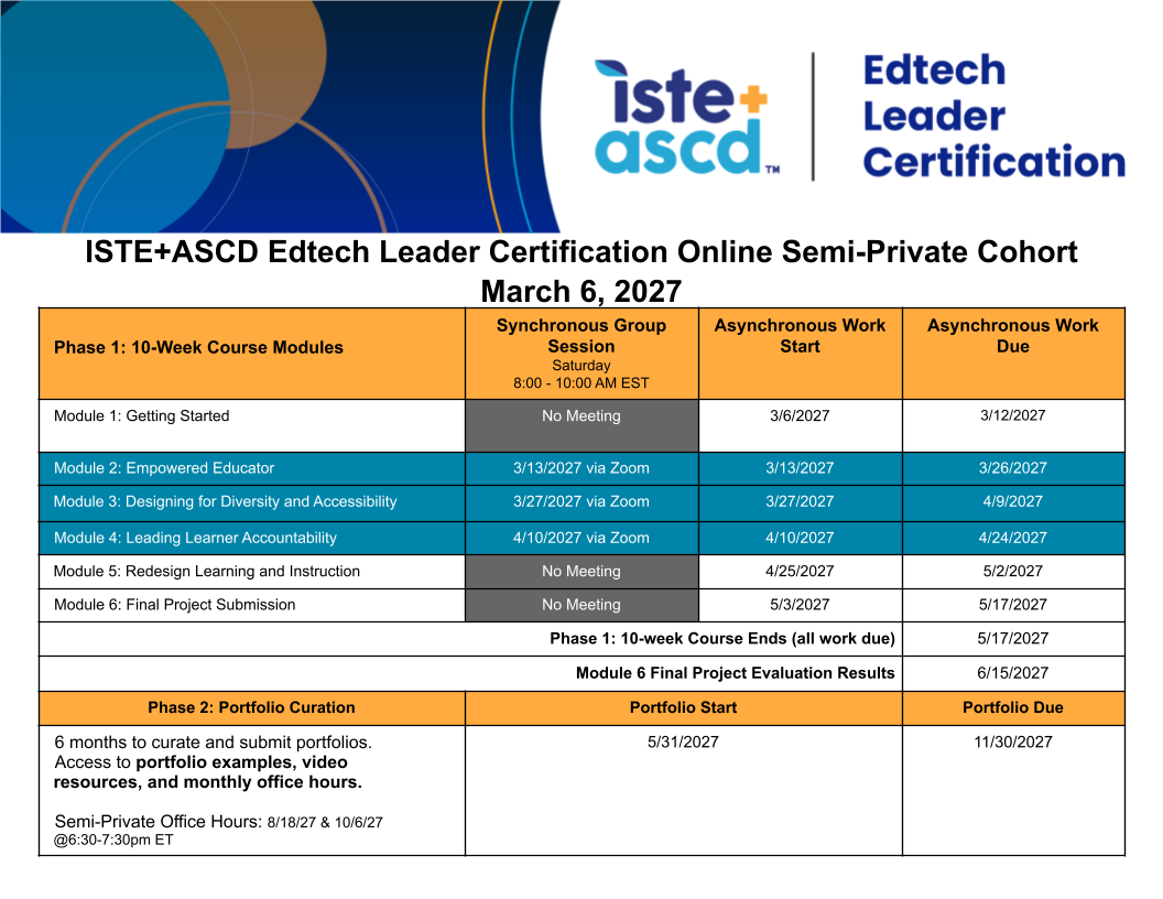 ISTE+ASCD Edtech Leader Certification schedule with course modules, Zoom meeting dates, start, and due dates for assignments, plus project and portfolio deadlines, from March to August 2027.