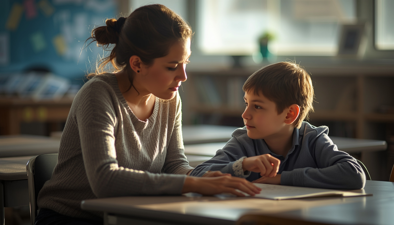 A woman helps a young boy with his schoolwork at a desk in a sunlit classroom, both focused on a book together.