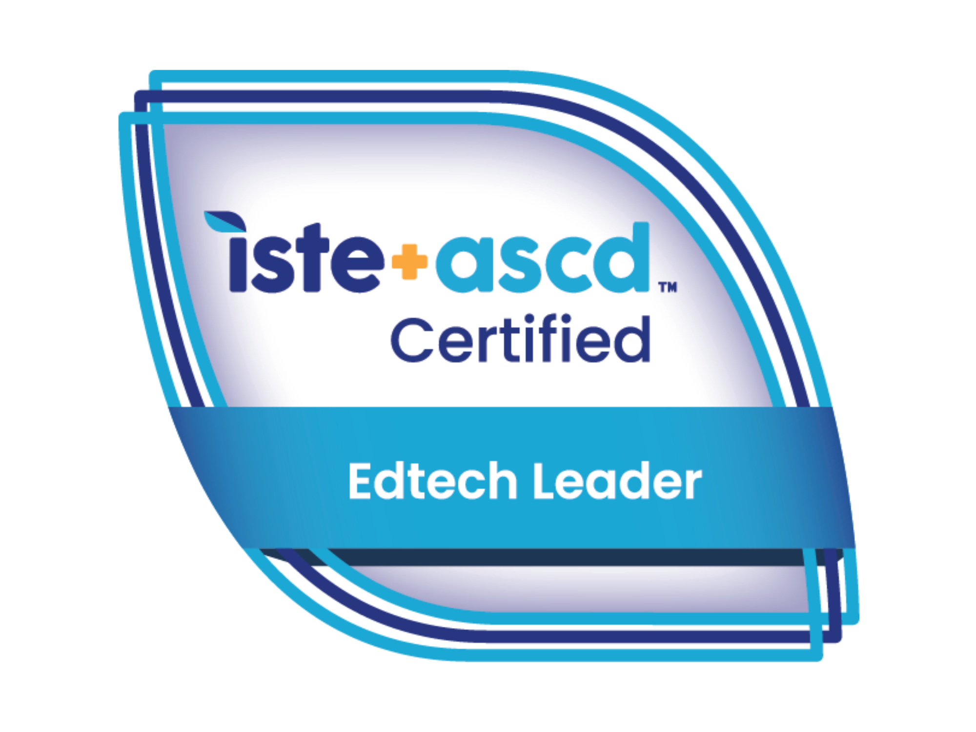 Blue and white badge reads iste + ascd Certified with Edtech Leader on a blue ribbon across the bottom. The badge has layered, curved blue outlines.