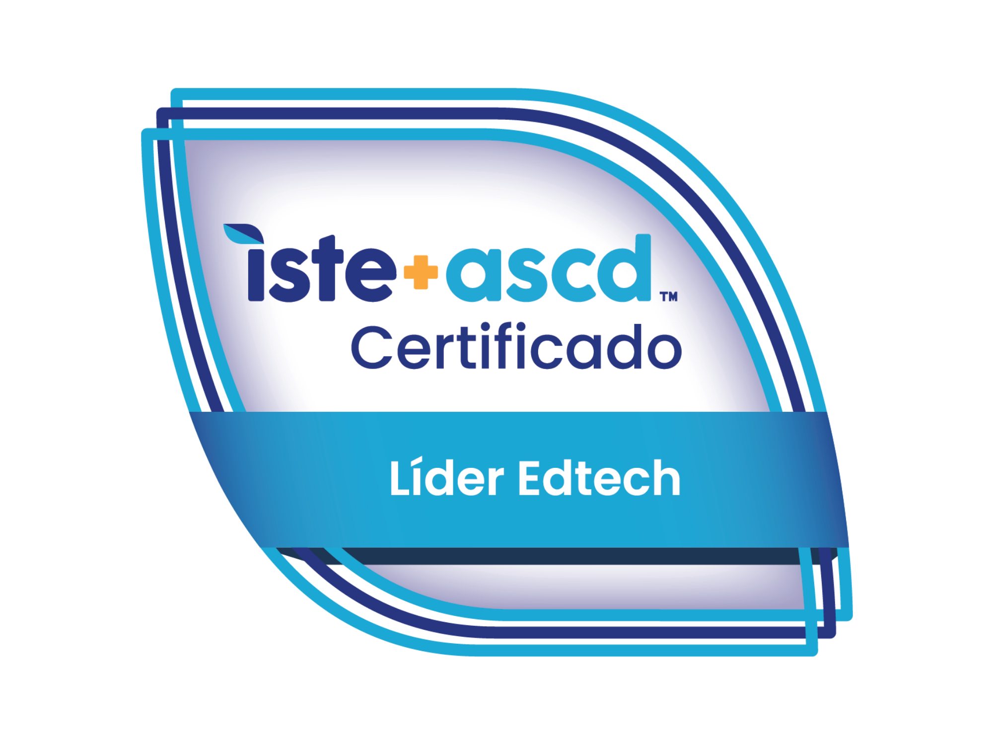 A digital badge with text: iste + ascd Certificado and a blue ribbon stating Líder Edtech. The design features blue curved lines in the shape of a stylized leaf.