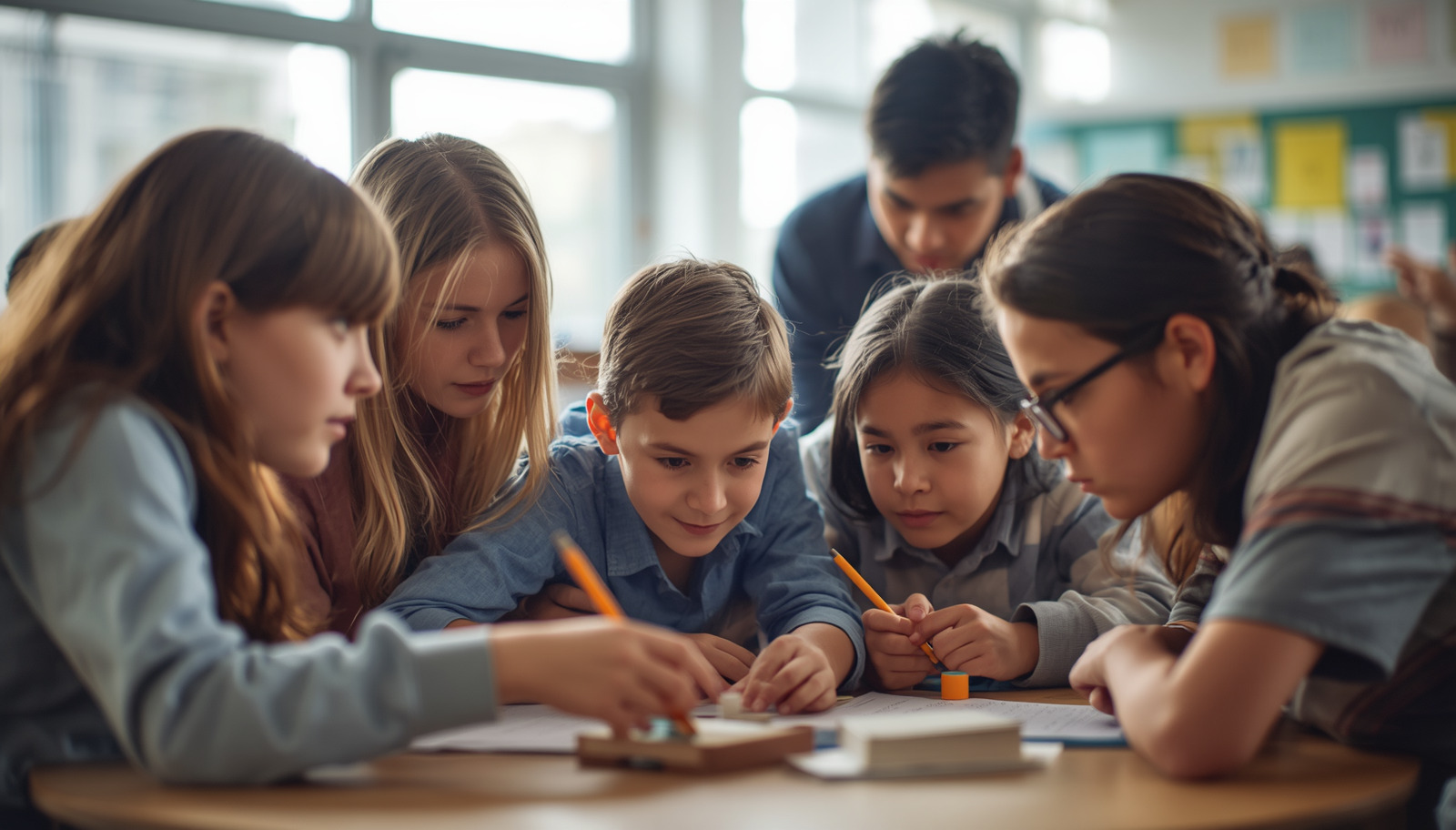 A group of elementary-aged children sit around a table in a classroom, collaborating on a project with pencils and paper, while a teacher observes and assists in the background.