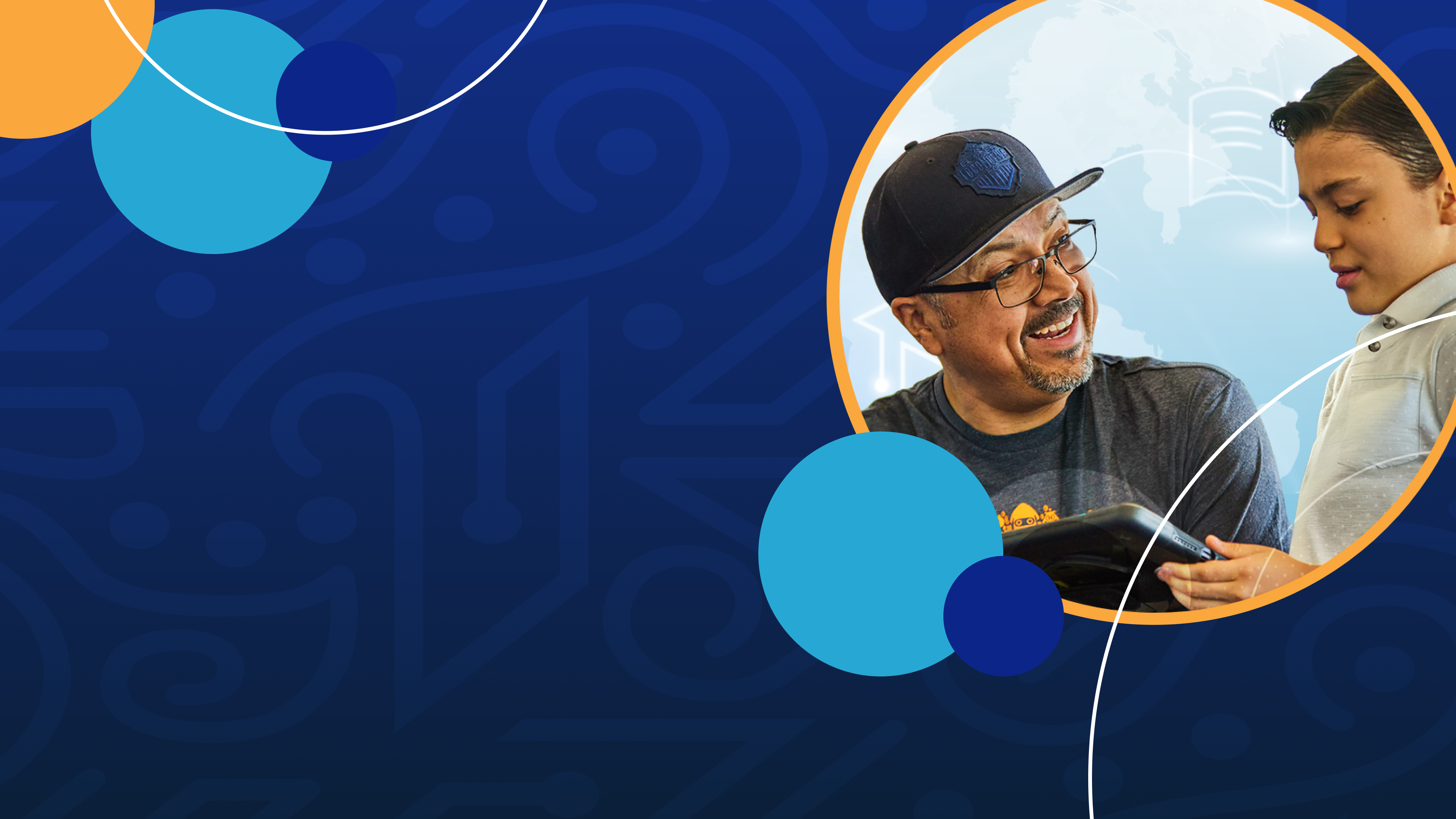 A smiling man wearing glasses and a hat talks with a young boy who is holding a book or tablet. The photo is set within a circular frame on a blue patterned background with abstract colored shapes.