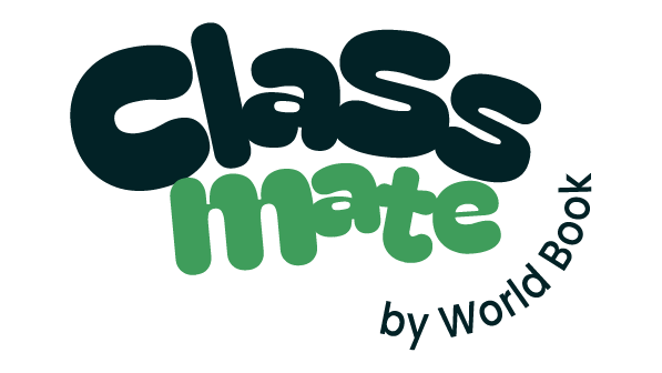 Logo with bold, rounded text reading Class Mate in black and green, with smaller text below reading by World Book. The background is light gray.