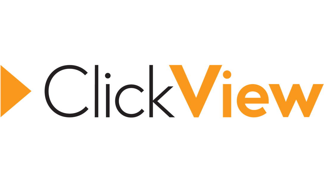 A solid orange triangle with the word Click in black type and the word View in orange type next to it.