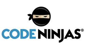 Logo for Code Ninjas featuring a stylized ninja face above the words CODE NINJAS, with CODE in blue and NINJAS in black, all on a light background.