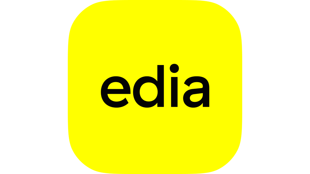The image shows the word edia in bold, black lowercase letters centered on a bright yellow background with rounded corners.