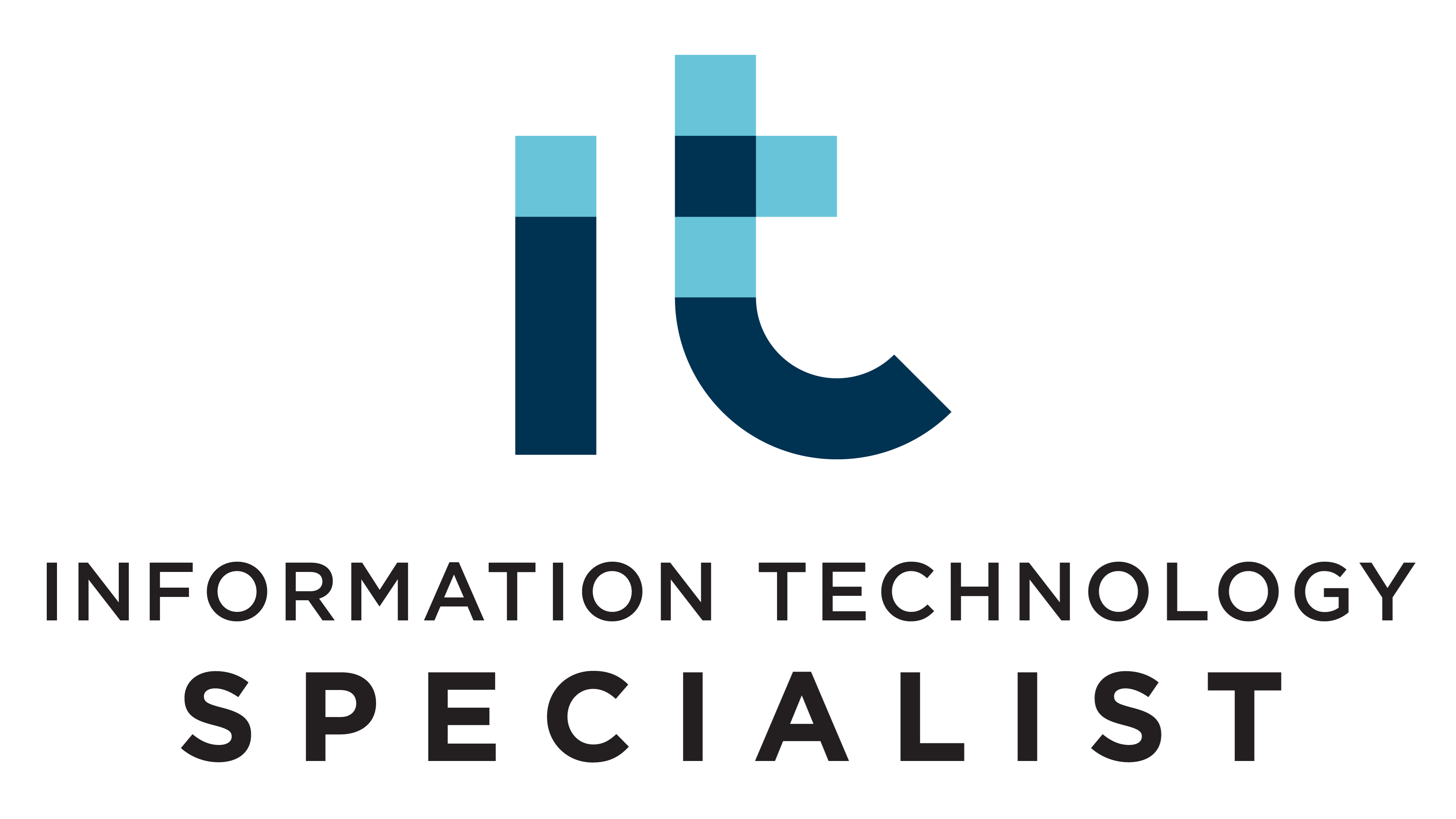 The logo for ITS Certiport has the stylized letters i and t lowercase in blue color blocks, with the words information technology specialist below in black capital letters.