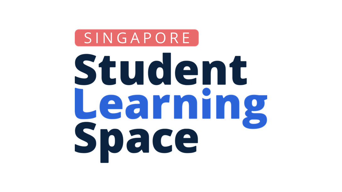 Text logo with words in red, black and blue colors for Singapore Student Learning Space.