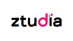 The word ztudia in lowercase black letters, with the d in bright pink and two small pink stars above it. The logo appears on a light gray background.