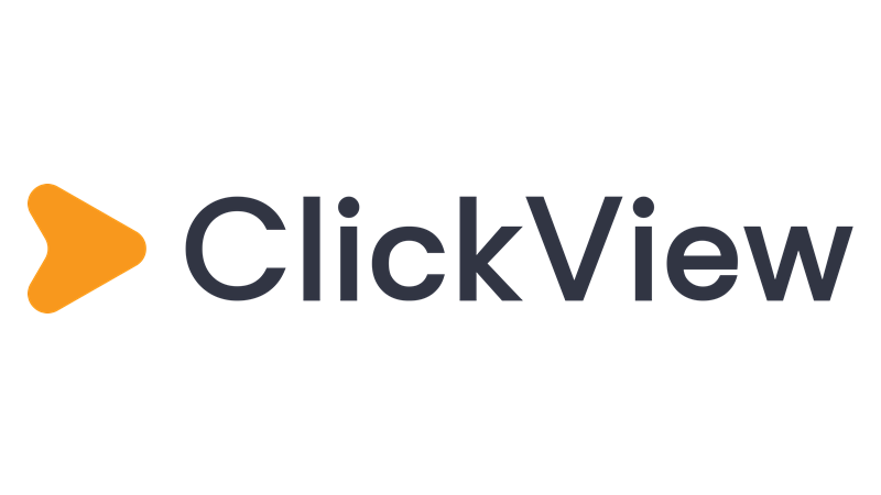 A solid orange triangle with the word Click in black type and the word View in orange type next to it.