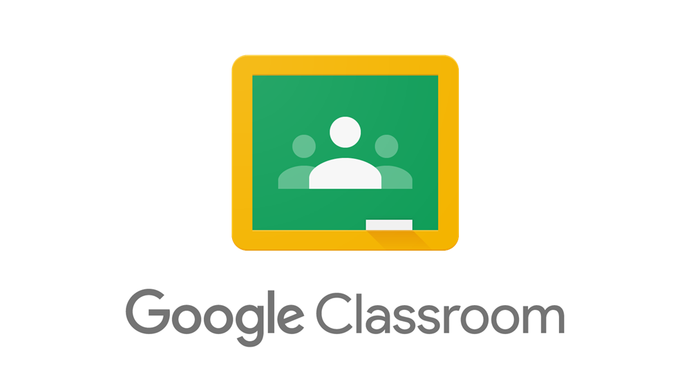 The Google Classroom logo features a yellow-bordered green chalkboard with three white user icons and a white chalk at the bottom, with Google Classroom written below in gray text.