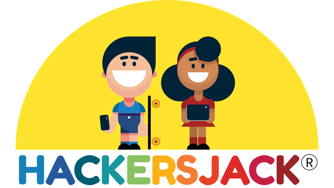 Two smiling cartoon children stand side by side, one holding a phone and skateboard, the other holding a tablet. Behind them is a yellow semicircle. Below, colorful text reads “HACKERSJACK®”.