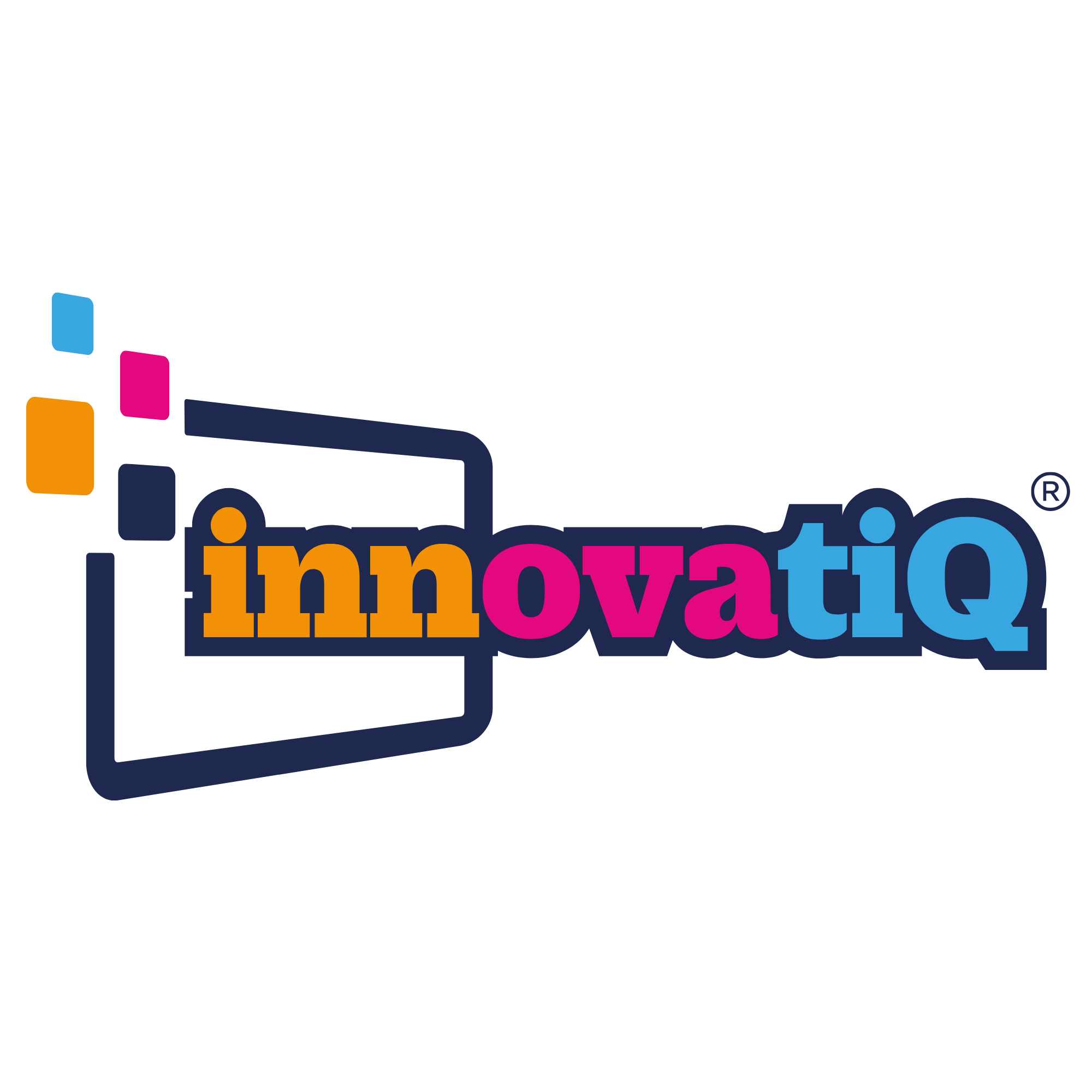Logo featuring a stylized rectangular frame with four colored squares on the left and the word innovatiQ in bold letters, with ova in pink and the rest in yellow, purple, and blue.