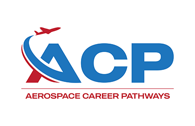 ACP logo with a red airplane and swoosh forming the A, next to blue letters CP. Text below reads Aerospace Career Pathways..