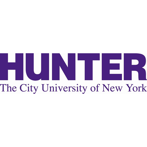 The word Hunter in dark purple all capital bold letters and the words The City University of New York in dark purple title case letters in a smaller font below it.