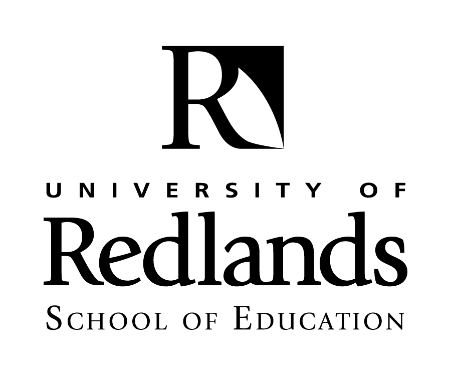 Large black R partially enclosed by a black square, with UNIVERSITY OF Redlands School of Education written below in black text.